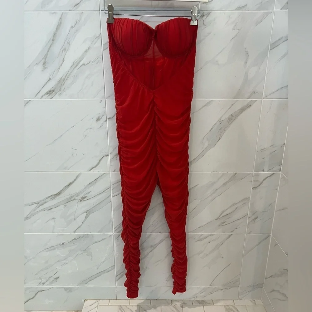 Strapless Ruched Jumpsuit in Rust - Picture 6 of 14